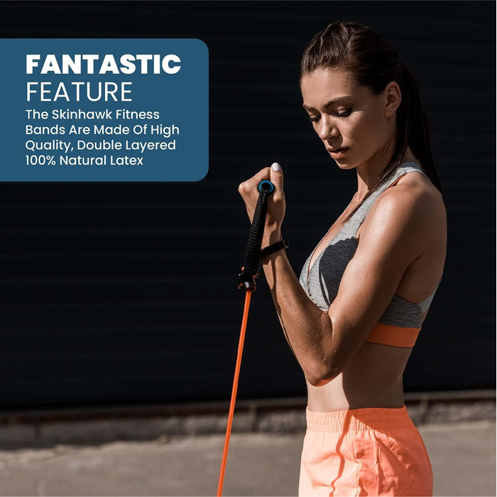Стрічки для фітнесу SKINHAWK Premium: 5 еластичних стрічок, набір для тренувань з ручками, манжетами, сумкою та кріпленням для дверей. До 150lbs.