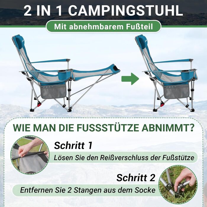 WEJOY Кемпінговий стільчик 2-в-1, складний, з регульованою спинкою та підставкою для ніг, розслаблюючий крісло-лежак з тримачем для напоїв, стільчик для риболовлі на відкритому повітрі, для кемпінгу, сітка, 1 шт., блакитний/сірий