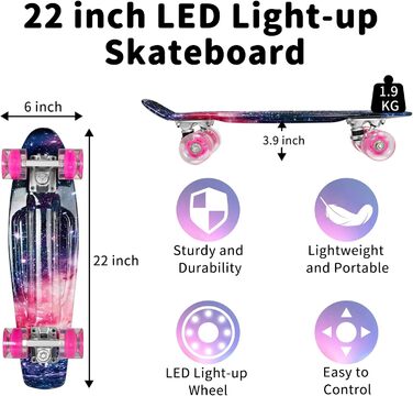 Скейтборд BELEEV 22 дюйми Galaxy Purple з LED колесами та T-інструментом для початківців (для дітей, підлітків, дорослих)