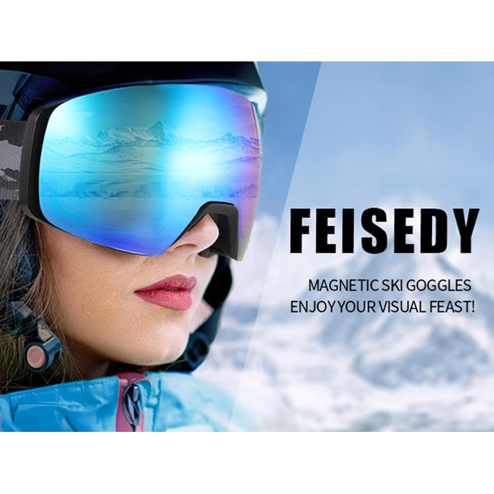 Лижна маска FEISEDY OTG з магнітною змінною лінзою, 100% UV-захист, антифог, для чоловіків і жінок, для окулярів, синя дзеркальна лінза, матовий чорний корпус, для сноуборду, катання на лижах та зимових видів спорту