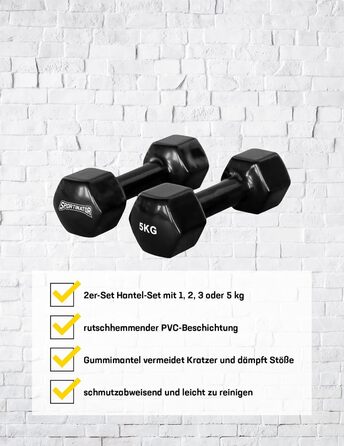 Гантелі SPORTINATOR 2 шт. по 5 кг, шестигранні, чорні, для дому та спортзалу, універсальні, для силових тренувань