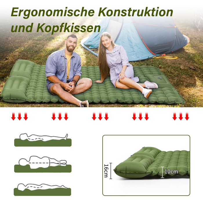Надувний килимок для кемпінгу Isomatte 10см, самонадувний, з насосом, для туризму та відпочинку на природі (двоспальний, зелений)