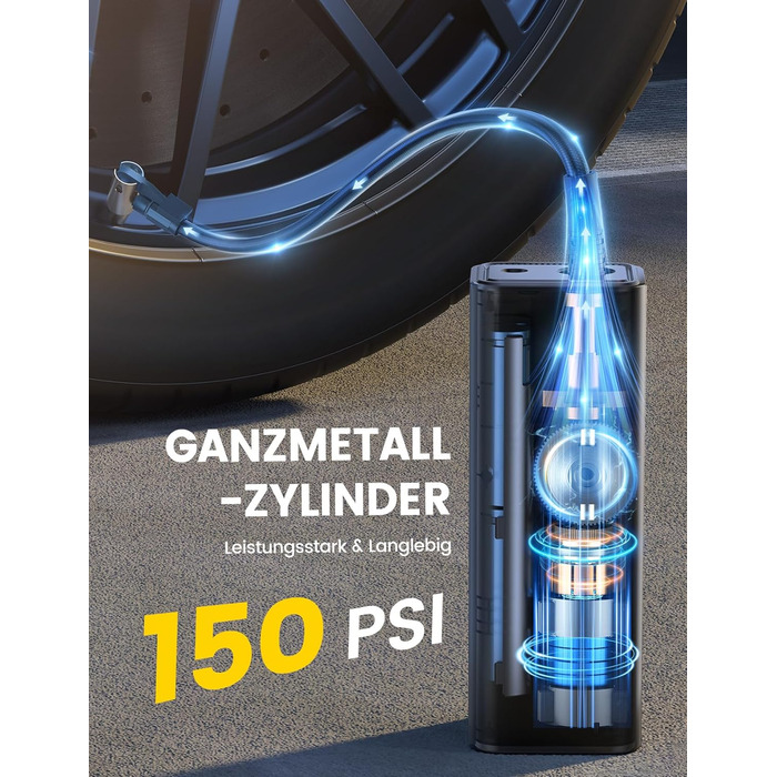 Електричний компресор Lamicall 150PSI, акумулятор 7500mAh, портативний насос для авто, велосипеда, мотоцикла з цифровим манометром і Powerbank