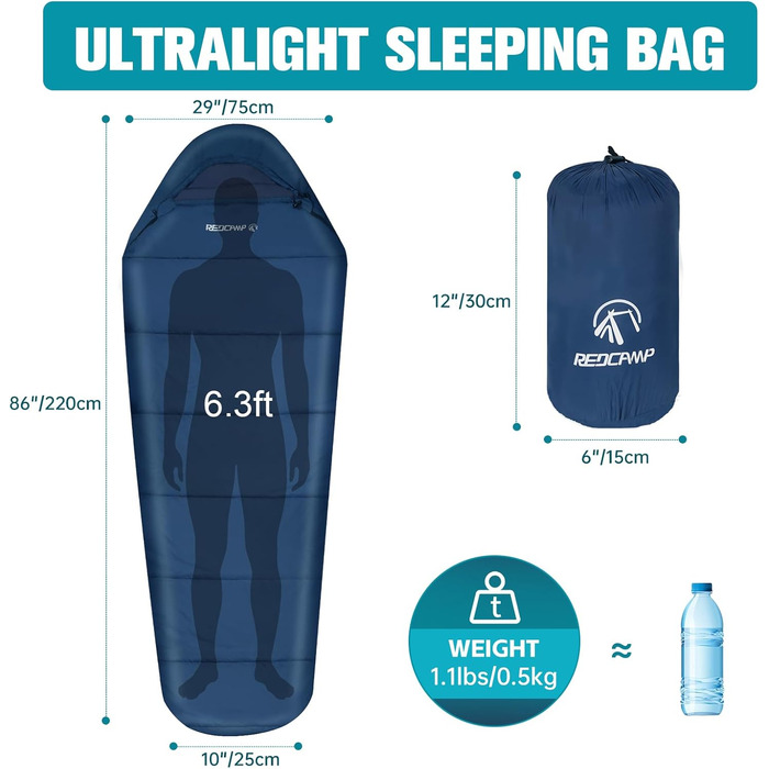 Спальний мішок Redcamp для дітей 175x65 см, мумієвидний, 3-сезонний, для кемпінгу та відпочинку на природі (рожевий/темно-синій)