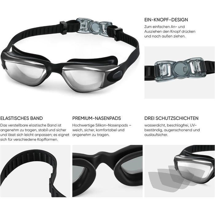 Окуляри для плавання чоловічі та жіночі Schwimmbrille, антифог, чорні