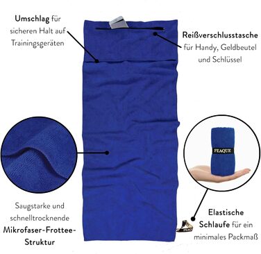 Рушник для фітнесу PEAQE з кишенею на блискавці | Мікрофібра з фротте-структурою | Швидковисихаючий рушник для спортзалу | М'який, 120 x 50 см (Navy-Blue)