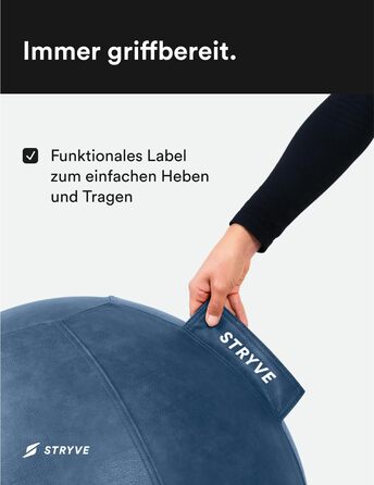 STRYVE Фітбол для офісу 65-70 см - ергономічний фітнес-м'яч знімний чохол, захист від скочування, повітряний насос, до 150 кг, синій штучна шкіра