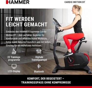 Велотренажер HAMMER Cardio Motion BT для дому, з Bluetooth, тихий, зручний сідло, легкий вхід, підходить для літніх, тримач для планшета, 110x52x140 см