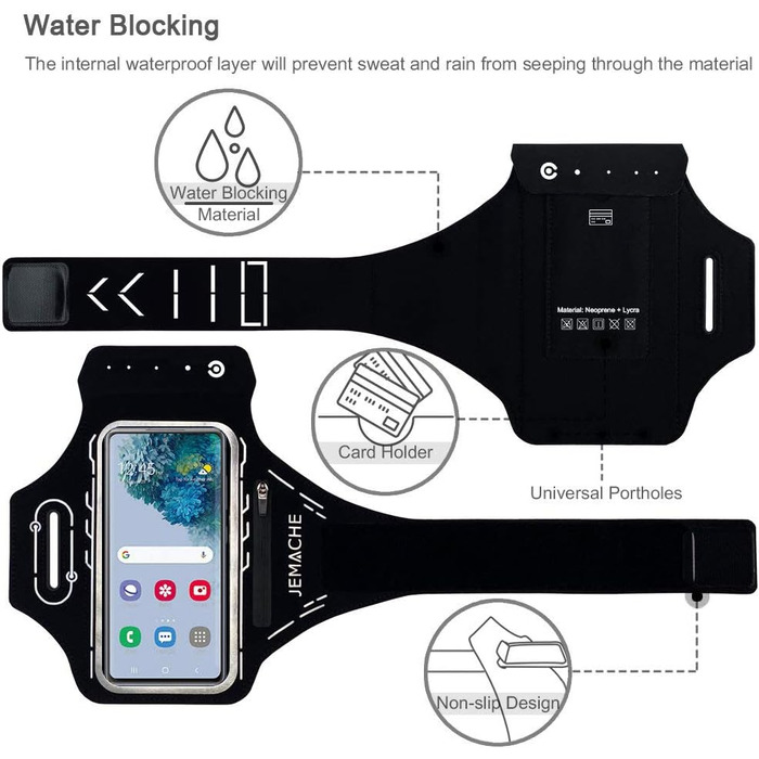 Спортивний браслет для Samsung Galaxy S25/S24/S23/S22 Ultra/Plus/FE, JEMACHE з кріпленням для навушників Buds Plus (Чорний)