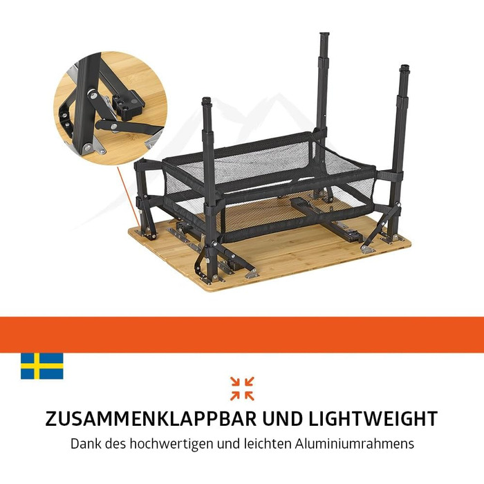 Зручний складаний садовий/кемпінговий столик Campout з бамбуковою полицею (65x50x65 см), 3 положення висоти, з сумкою