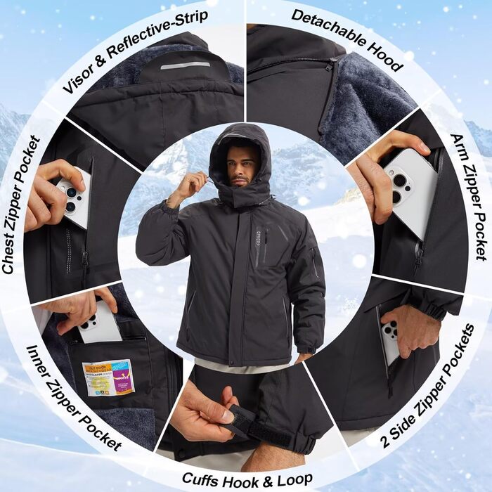 Чоловіча лижна куртка QPNGRP, водонепроникна, ізольована, зимова, 5 кишень на блискавці (S, темно-сірий)