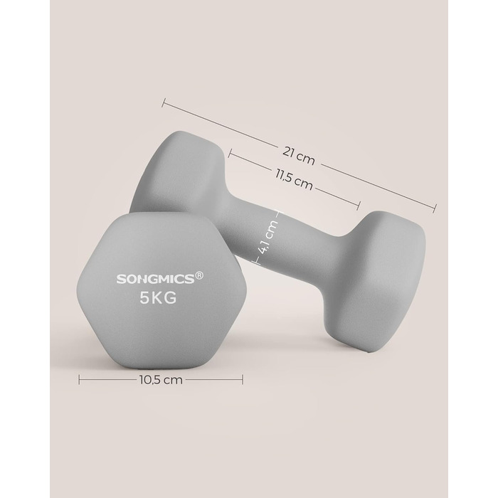 Гантелі SONGMICS 2 x 5 кг, неопрена, гексагональні, набір для фітнесу та силових тренувань вдома, сіро-блакитні
