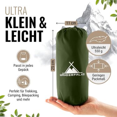 WANDERFALKE® 550g Легкий Надувний Килимок для Туризму - (XL, 66 см) - Килимок для Кемпінгу з Компактним Розміром для Відпочинку на Відкритому Повітрі, Походів, Піших Прогулянок та Bikepacking (Зелений)