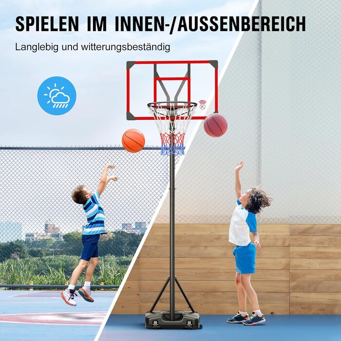 Баскетбольний кошик Outdoor з підставкою, регульована висота 147-260 см, ударостійка задня стінка 82x53 см, збільшений діаметр та колеса, для гри в приміщенні та на вулиці, червоний