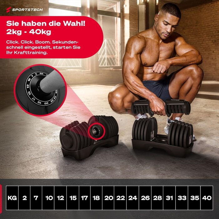 Ironmate Регульовані гантелі для дому, 1.5-18/24/40 кг, з набором дисків, 12-16 ваг, компактні, з неслизьким грифом, для силових тренувань, з підставкою (Ironmate 40 чорні)