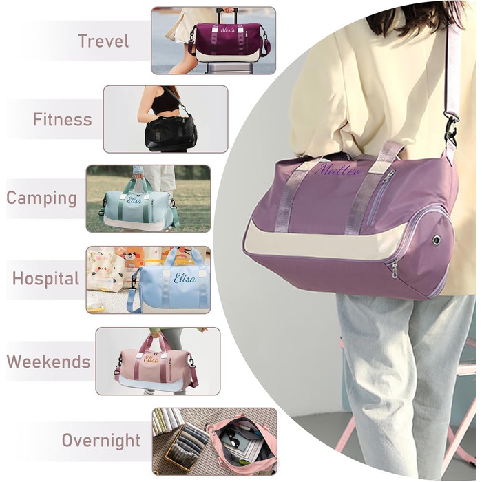 Персоналізована спортивна сумка для залу з вишивкою, жіноча дорожня сумка 35Л з відділеннями для взуття та вологих речей, синя