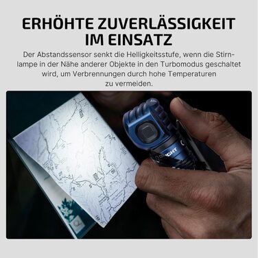 OLIGHT Perun 3 LED налобний ліхтар: перезарядна модель, 3000 люмен, 7 режимів, датчик, червоне світло, водонепроникність IP68. Ідеально для кемпінгу, риболовлі, полювання. Колір: Midnight Blue