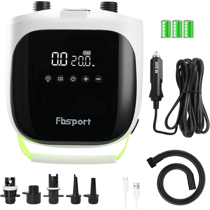 Електрична повітряна помпа з акумулятором 20 PSI, 12V DC, LCD дисплеєм для надувних виробів: SUP, каяк, матрац, намет (зелена)