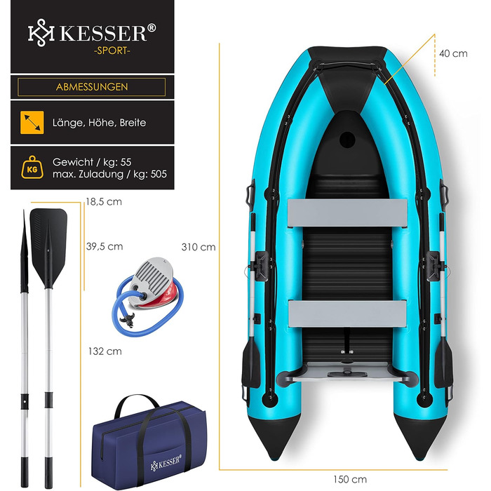 Надувне човен KESSER® 3.20 м на 4 особи - Wave Motor, для відпочинку, риболовлі, з 2 лавками, ремкомплект та сумка, блакитно-чорний PVC