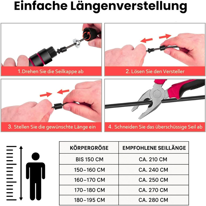 Стрибкове канат ALPHA PULL® з регулюванням - для фітнесу, тренувань, дорослих та дітей - з антиковзними ручками (червоний/чорний)