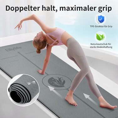 Протиковзкий килимок для йоги та пілатеса з еко-каучуку та TPE, 6мм, сірий — з лініями розмітки та ременем для перенесення
