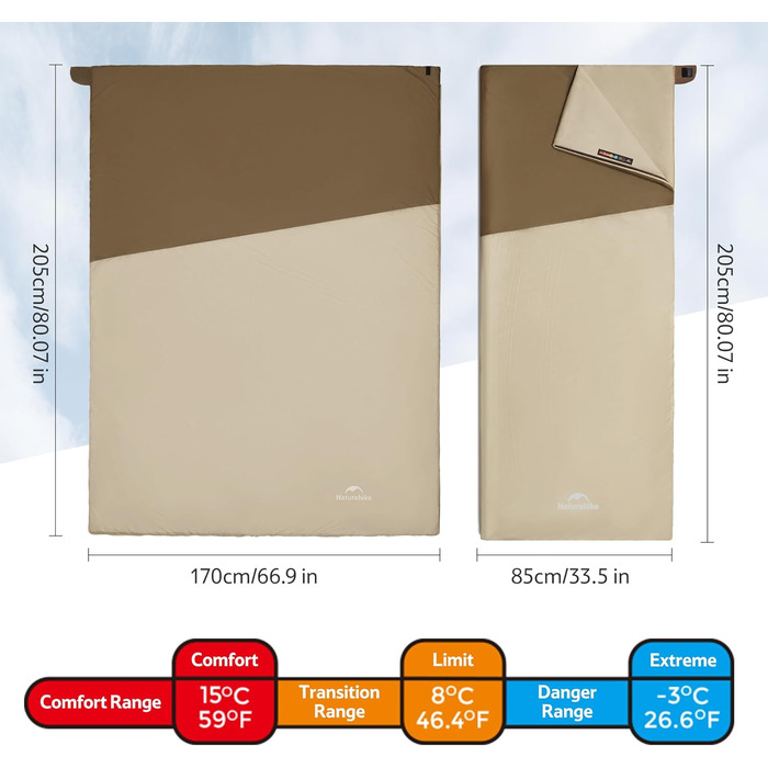 Спальний мішок Naturehike Ultraleicht: ультралегкий, 680/760г, для 3 сезонів, 190x75/205x85 см, для походів, рюкзаків, кемпінгу, 15°C, темно-коричневий/світло-коричневий-XL