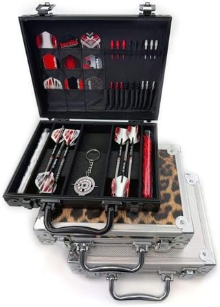 Karella Dartkoffer Luxus чорний, ударостійкий кейс для дартсу, 25x19x6 см, для 4 комплектів, аксесуари, сумка для дартсів