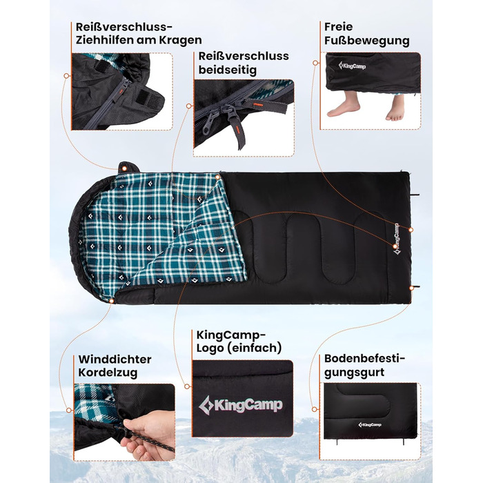Спальний мішок KingCamp Flannel для дорослих, 3-4 сезони, ультралегкий, бавовна, теплий, ковдровий, водонепроникний, для кемпінгу, чорний, L, блискавка
