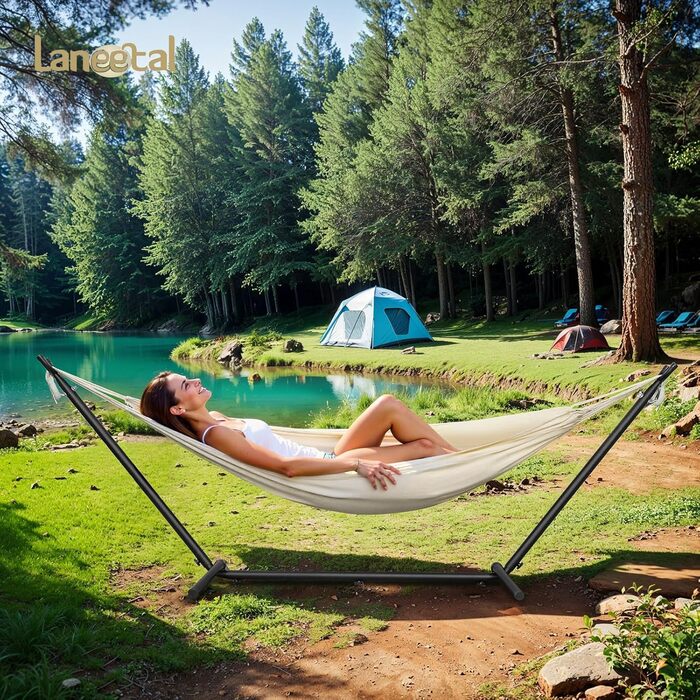 Гамак Laneetal з підставкою для двох осіб, бежевий, 280x106x100 см, вантажопідйомність 250 кг - для саду, тераси, басейну, балкону