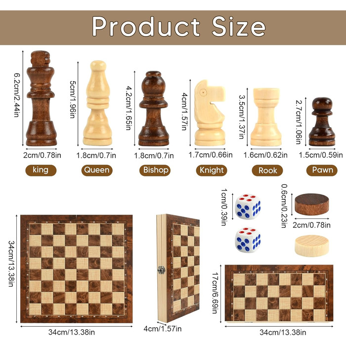 Шаховий набір з дерева 3 в 1: шахи, шашки, настільна гра. Преміум якість, складаний, для дітей та дорослих. Розмір 34 см.