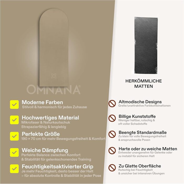 Йога-мат OMNANA 190x70 см, 4 мм — антиковзкий, мікрофібра + натуральний каучук, поглинає вологу, для йоги, пілатесу, фітнесу, дбайливий до суглобів, Smoky Biscuit