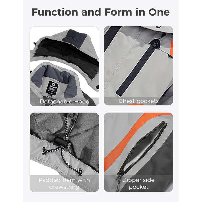 Водонепроникна зимова куртка Wantdo для чоловіків - спортивний мантель для активного відпочинку, гірський халат, XL, сірий+помаранчевий