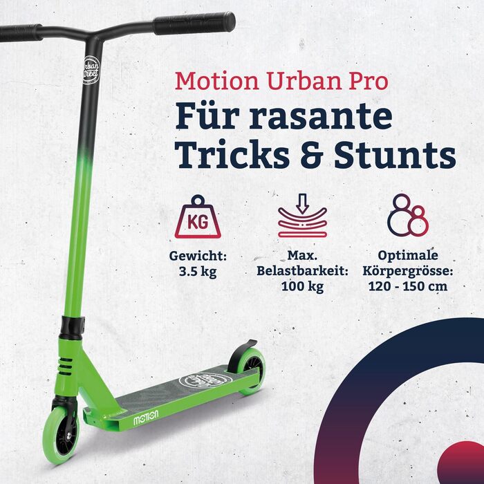 Трюковий самокат Motion Stunt Scooter Urban Pro для дітей та підлітків від 8 років, преміум-якість, ABEC 9, колеса 110 мм, міцний, для скейтпарку та школи, чорний-зелений