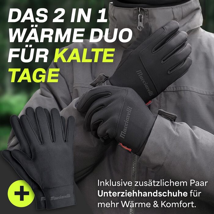 Велосипедні рукавички MACCIAVELLI® для чоловіків та жінок - зимові, 2-в-1 комплект з підкладками, сенсорні, для їзди на велосипеді/MTB/бігу, чорні, розмір L