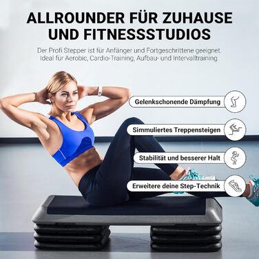 Сходинка-платформа для фітнесу Steppbrett Professional з постером для вправ + додаток Work Out (безкоштовно) | 3-рівнева регулювання висоти, студійний степер