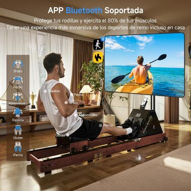 Складний тренажер для веслування, веслувальний тренажер, водонепроникний з 6 рівнями навантаження, для дому, складаний у 3 рази, вантажопідйомність 150 кг, сумісний з додатком, дуб червоний