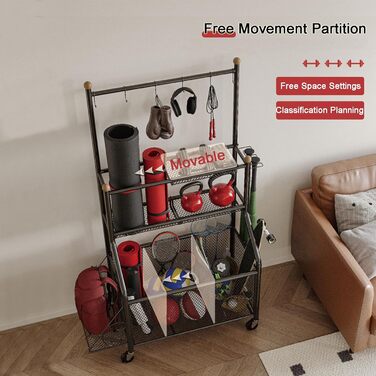 Стенд для зберігання тренувального обладнання: килимки для йоги, гантелі, штанги. З колесами та гаками. Чорний.