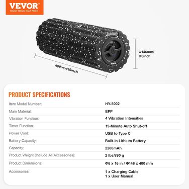 Електричний масажний ролик VEVOR для фітнесу, 4 швидкості, 3D текстура, EEP-фасціальна ролика для глибокого масажу м'язів, зняття болю у спині, відновлення після тренування