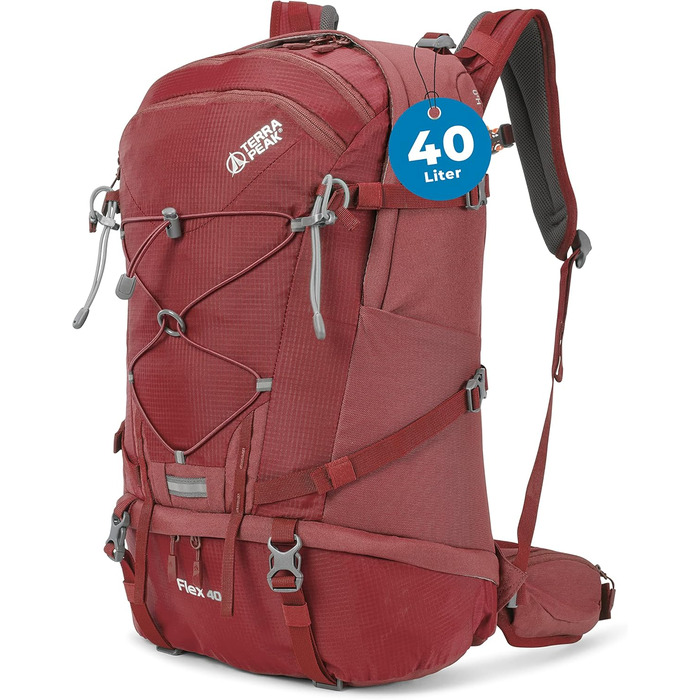 Туристичний рюкзак 40 л Flex 40 Premium із вентиляцією спини, дощовиком і кріпленням для питної системи, трекінговий рюкзак з дихаючої 3D Air Mesh тканини, для походів, з поясом на стегна, темно-червоний
