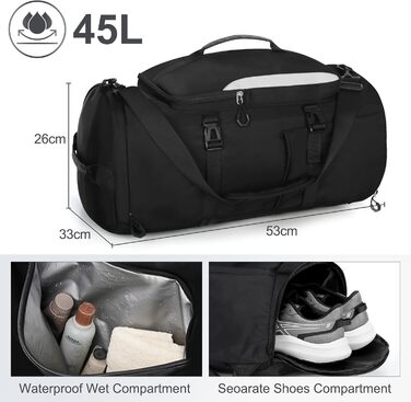Спортивна сумка JiangLin 45L з відділенням для взуття та мокрих речей, велика дорожня сумка для чоловіків та жінок, рюкзак-валіза для спорту, подорожей, фітнесу, плавання (чорний)