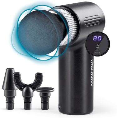 Масажний пістолет VITALmaxx, 6 режимів, 4 насадки, акумуляторний, до 90 хв роботи, USB-C зарядка, легкий, портативний, для спорту, чорний/срібний