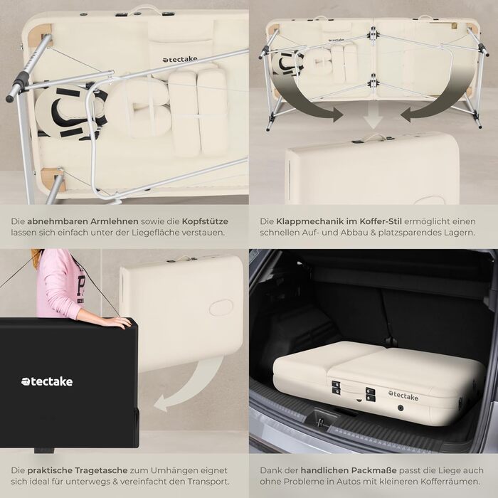 Масажний стіл Tectake 3 зони, складаний, регульована висота, з аксесуарами (головна підтримка, підлокітники, сумка) - Бежевий
