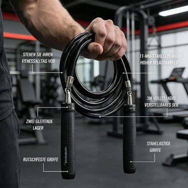 Скакалка з утяжеленням Hererope, 11 мм сталевий трос, металеві ручки, регульована довжина, для тренувань та фітнесу, чорний