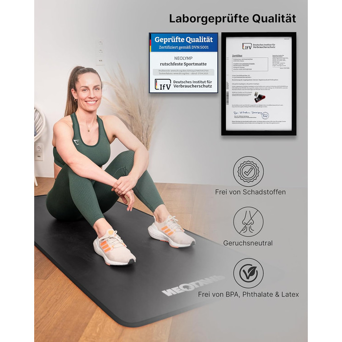 NEOLYMP Fitness Mat: Товста, неслизька килимок для фітнесу з електронною книгою та ремінком - для йоги, пілатесу, спорту, тренувань, сірий | 61 см