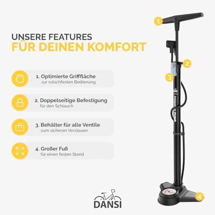 Насос для велосипеда DANSI з адаптерами для всіх типів вентилів (AV, SV, DV) | Насос для мотоцикла, електровелосипеда, авто та спортивного обладнання | З великим манометром