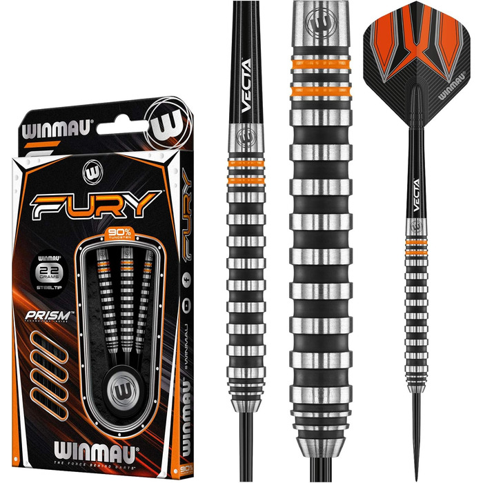 Дротики WINMAU Fury 22-28 г з вольфраму, призмові флайти та Vecta стрижні