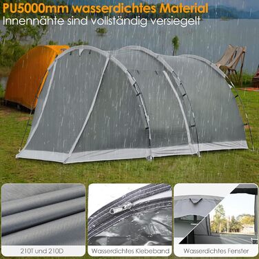 Намет для кемпінгу на 4 особи: водонепроникний тунельний намет для сім'ї та групи, з шатром для сну, сірий