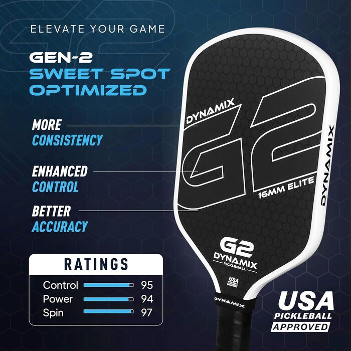 Пікбол ракетка з вуглецевого волокна Gen-2, 16 мм, схвалена USAPA, для професійного рівня, потужність, обертання та стабільність, довгаста, легка Pro-Balance (чорний хват / білий обід)