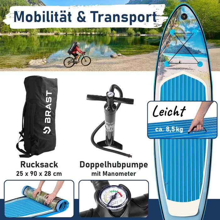 Надувний SUP-борд BRAST Tropic | Комплект для станд-ап паддлбордингу | 320x81x15 см | 6 дизайнів | 5 років гарантії | з аксесуарами | 2-в-1: SUP та каяк | тримач для Action Cam, ланцюг для ніг, насос, рюкзак (для пляжу)