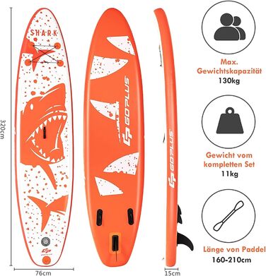 Надувна SUP-дошка RELAX4LIFE 320/335×76×15 см з веслом, ременем безпеки, насосом, рюкзаком, набором для ремонту та 3 плавниками, для початківців і професіоналів
